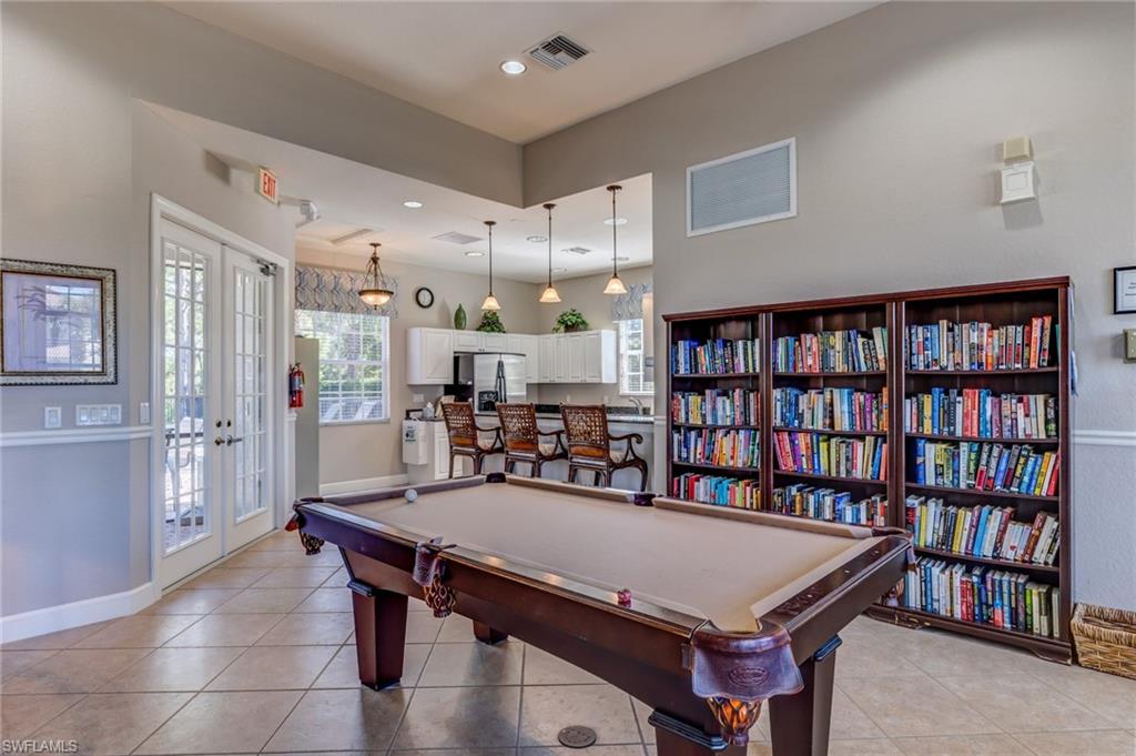 Community social room, library, pool table, kitchen.