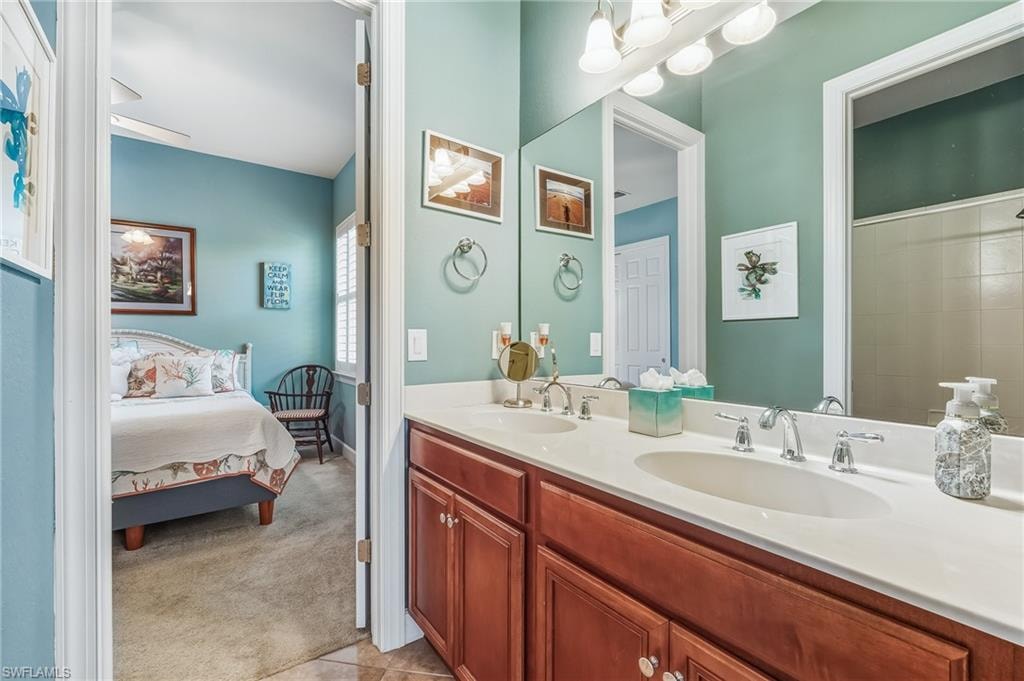 Soft colors for guest bedroom and bath. Bedroom on left, den on right.