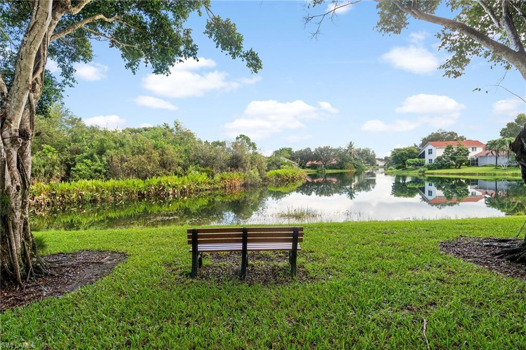 View of community with a water view and a yard