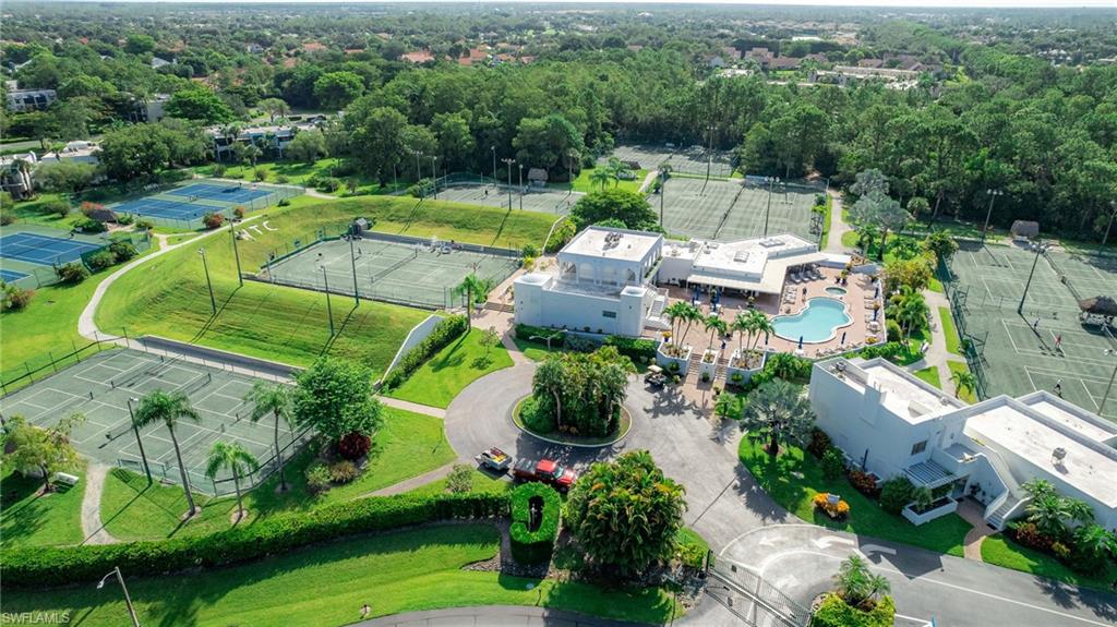 Aerial overview of property's location with a pool area