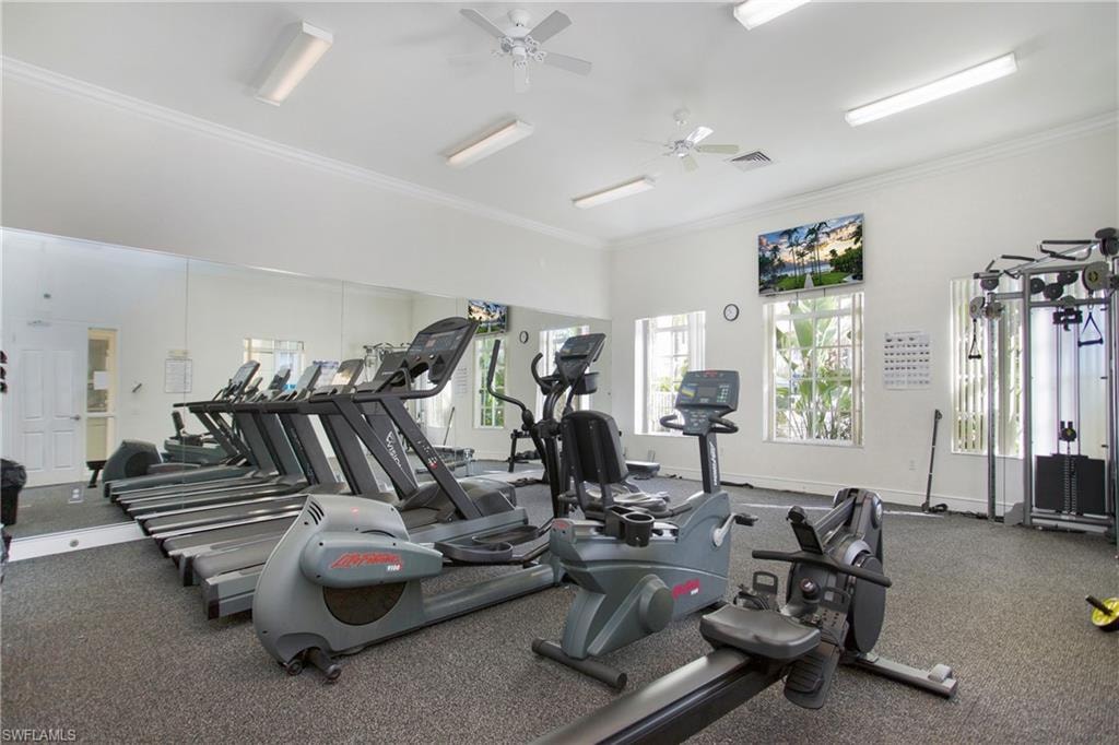Exercise room featuring ornamental molding and a ceiling fan