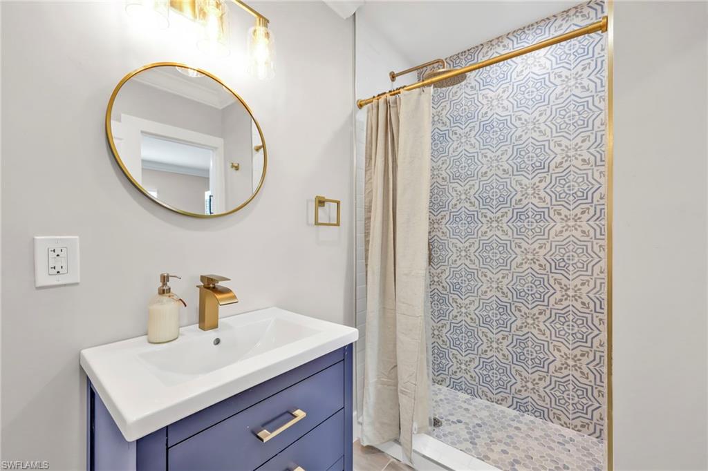 Full bath with vanity and a stall shower