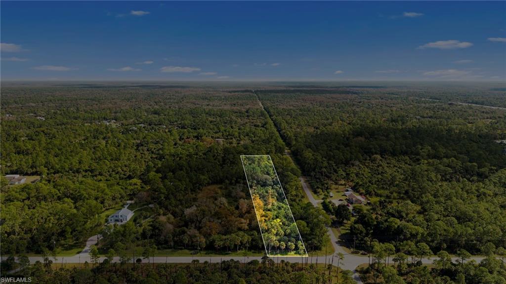 Aerial overview of property's location featuring a forest and property boundaries highlighted