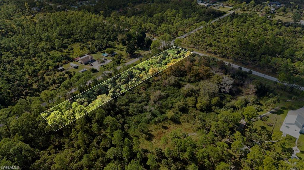 Aerial overview of property's location with a forest and property boundaries highlighted