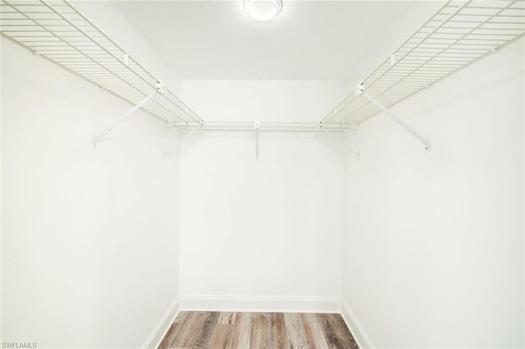 Walk in closet with light wood-style flooring