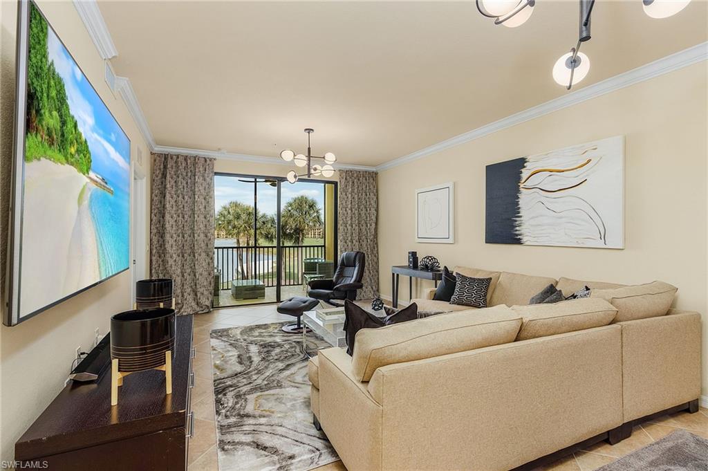Spacious livinig area with water view.