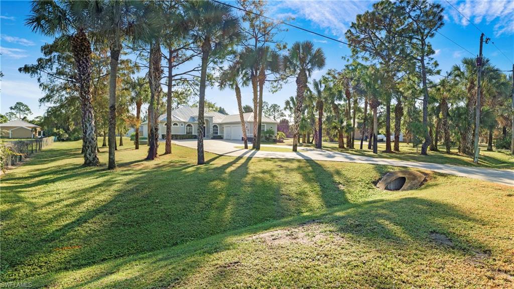 View of green lawn featuring driveway