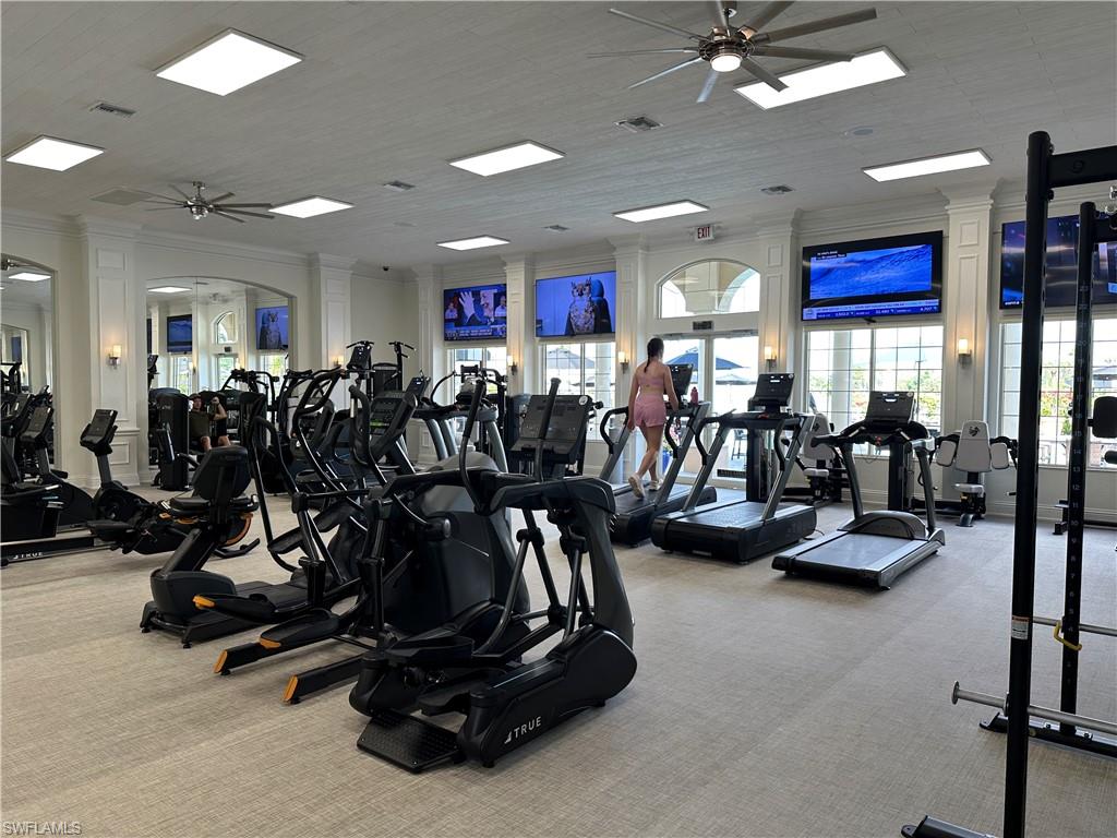 Gym featuring carpet flooring, ceiling fan, and ornamental molding