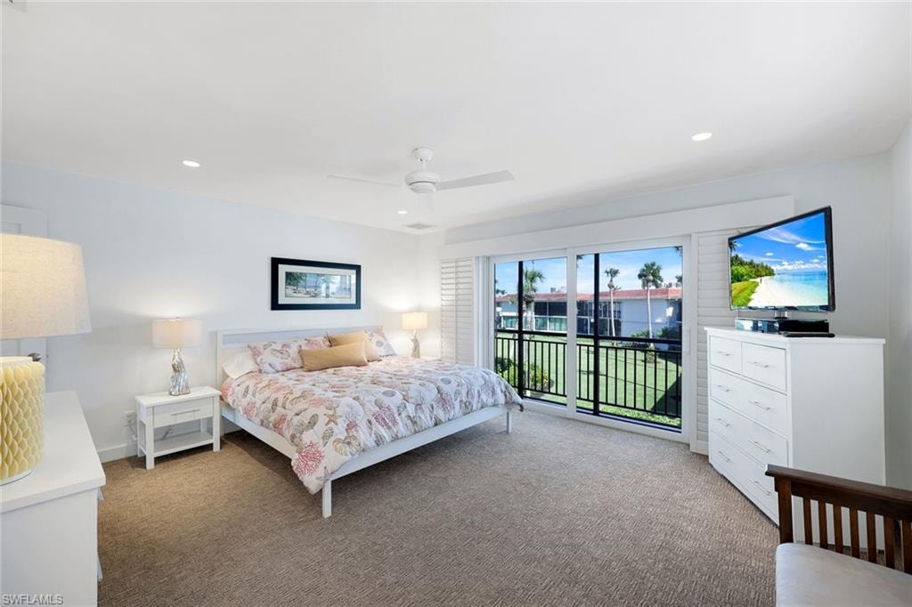 Bedroom with carpet, access to outside, a ceiling fan, and recessed lighting