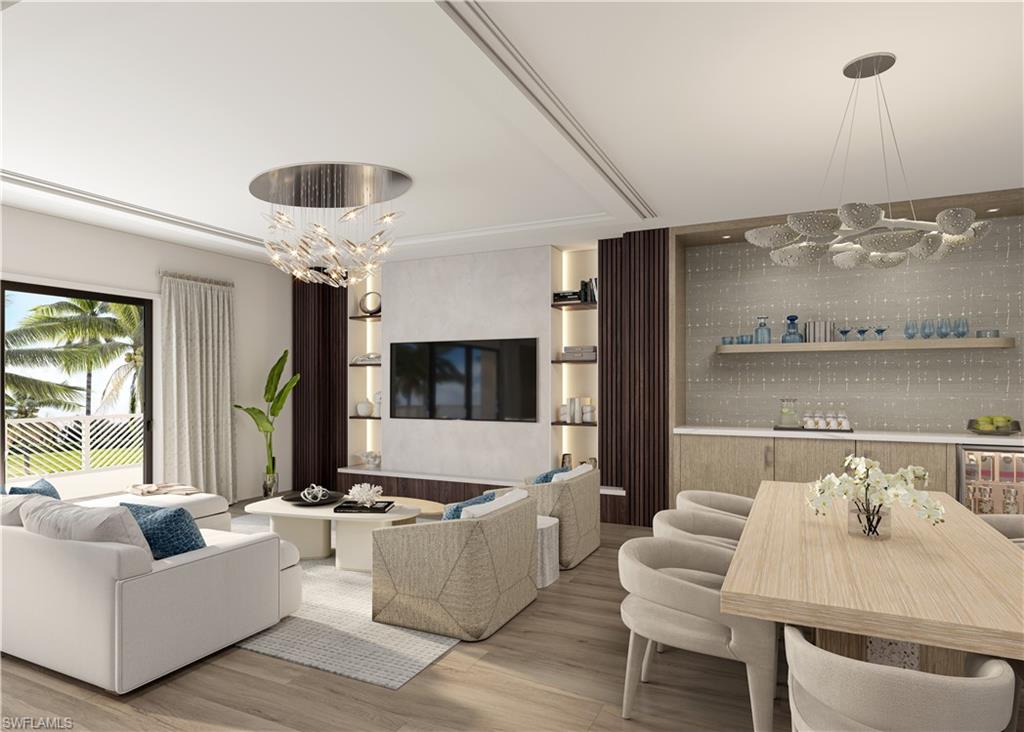 Living area with a chandelier and wood finished floors. Virtual Rendering