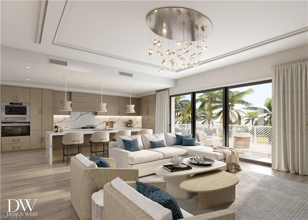Living room featuring light wood finishedfloors, a chandelier, and recessed lighting. Virtual Rendering