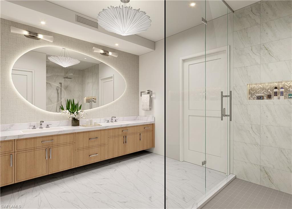 Full bathroom featuring a marble finish shower, double vanity, tile walls, light marble finish floors, and tasteful backsplash. Virtual Rendering