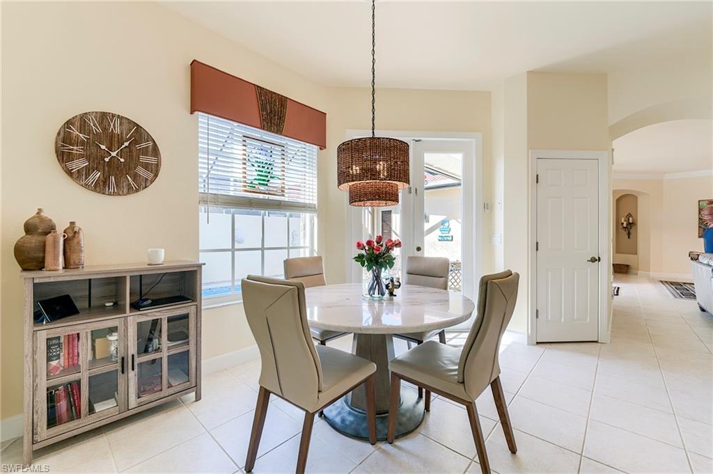 Family room dining area with a pool view