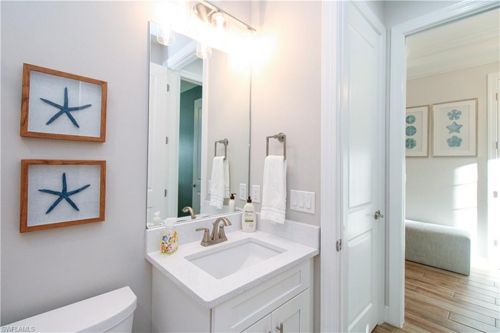 Bathroom with vanity, hardwood / wood-style flooring, and toilet
