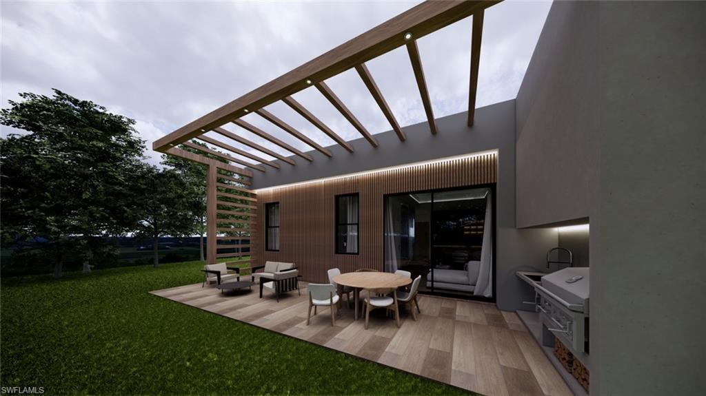 View of patio / terrace with a pergola, outdoor dining area, and exterior kitchen
