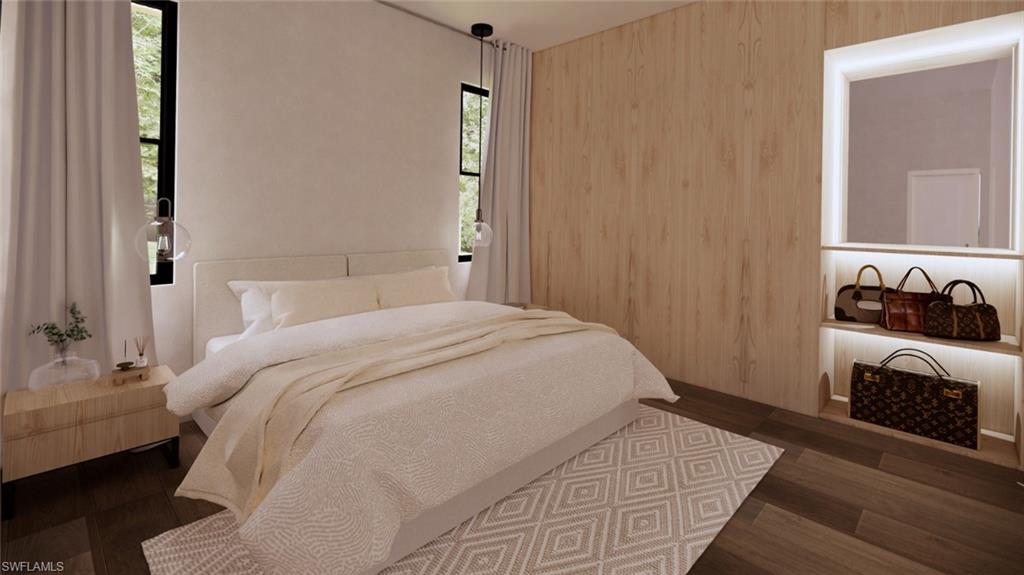 Bedroom with dark wood-style floors and wood walls