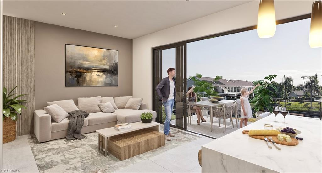 Living area with recessed lighting and a residential view