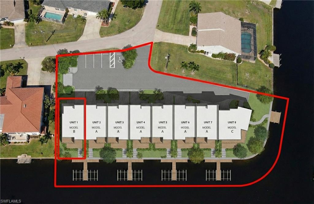 Aerial view of property and surrounding area featuring property parcel outlined
