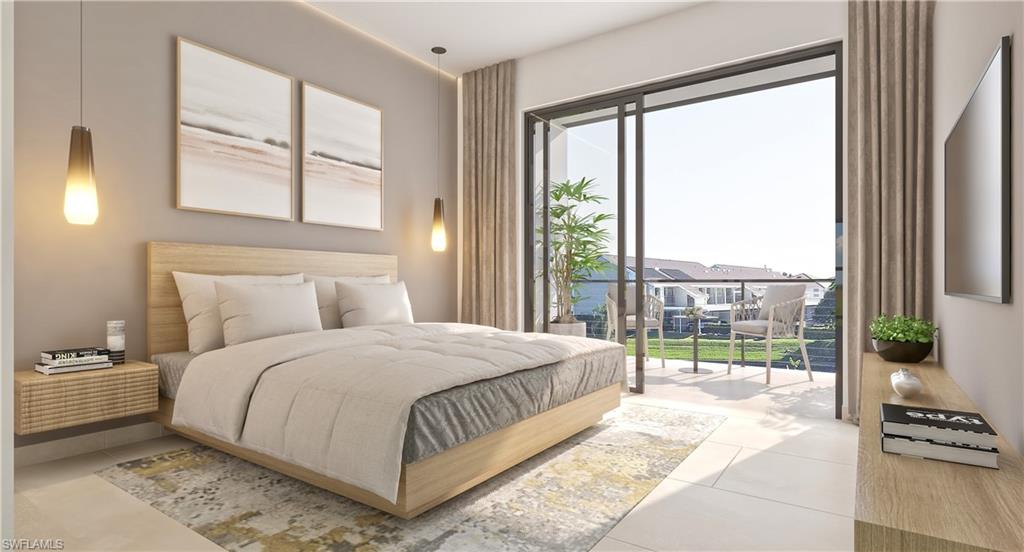 Tiled bedroom featuring access to exterior