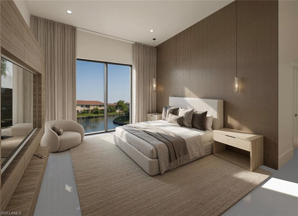Bedroom with a water view, access to exterior, recessed lighting, and wood walls
