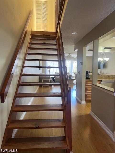 Staircase featuring wood finished floors and ceiling fan