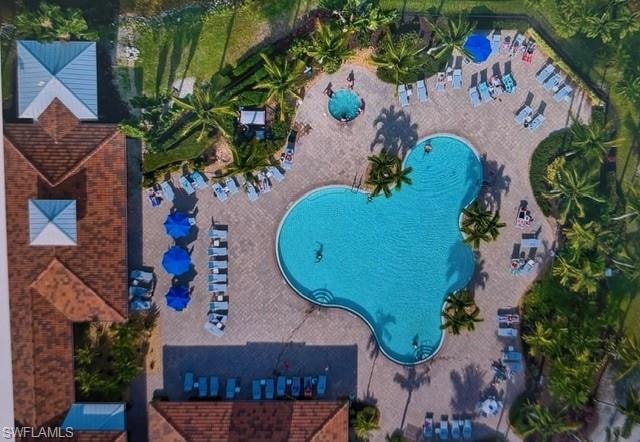 Drone / aerial view of a pool