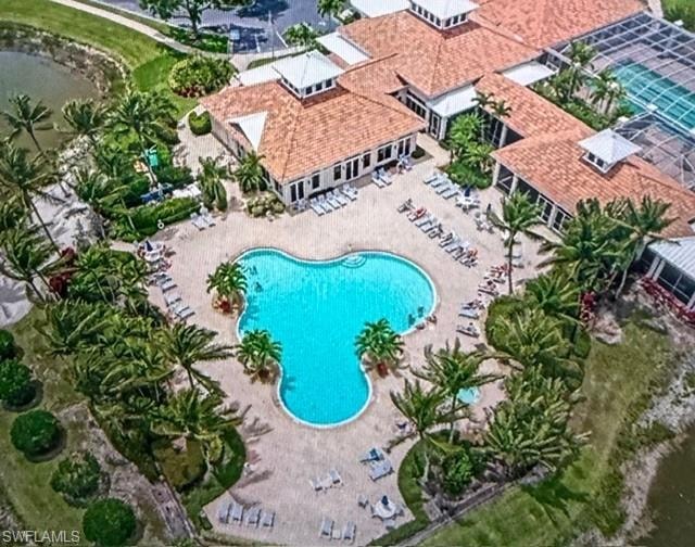 Drone / aerial view of a pool