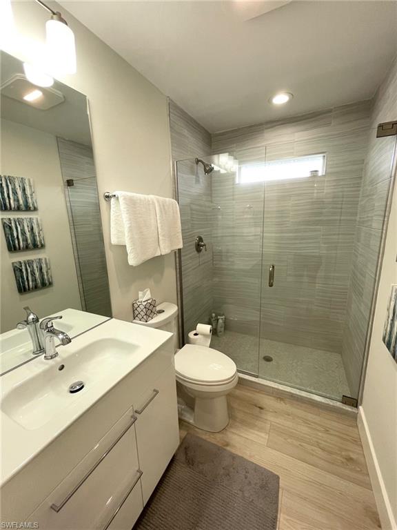 Full bathroom featuring vanity, a shower stall, and light wood-type flooring