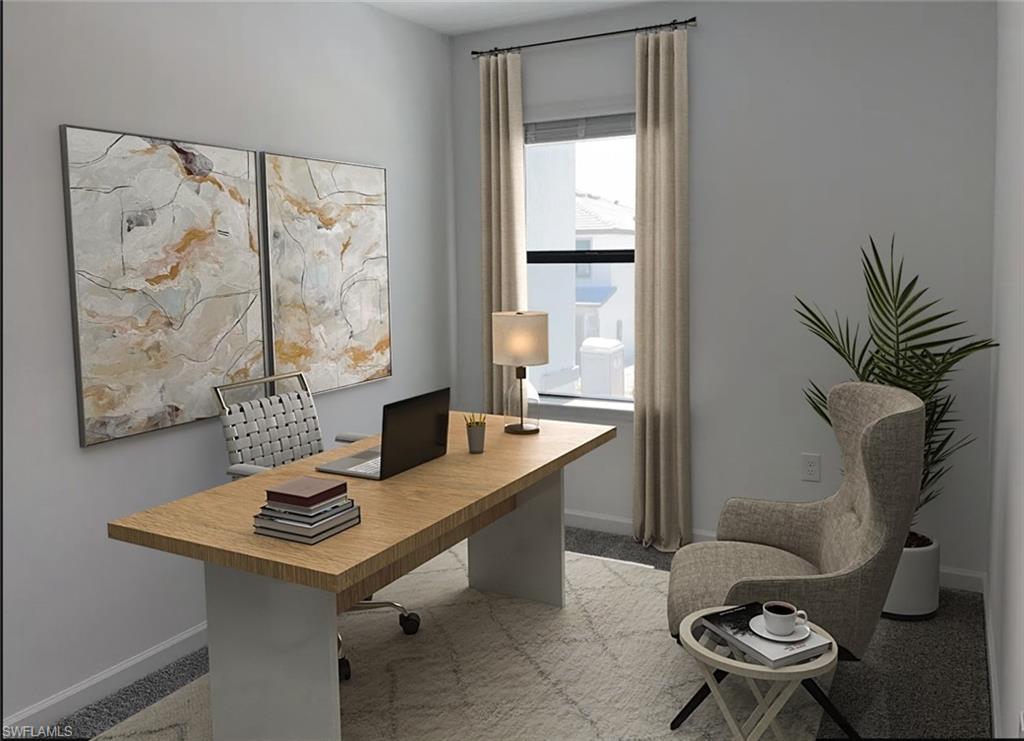 Virtually staged unfurnished room with carpet flooring and baseboards