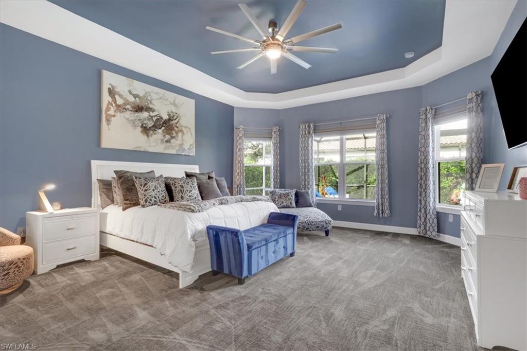 Carpeted bedroom featuring a raised ceiling and a ceiling fan