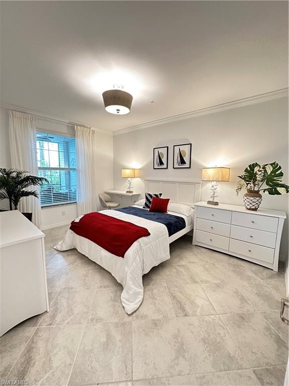 Tiled bedroom featuring ornamental molding