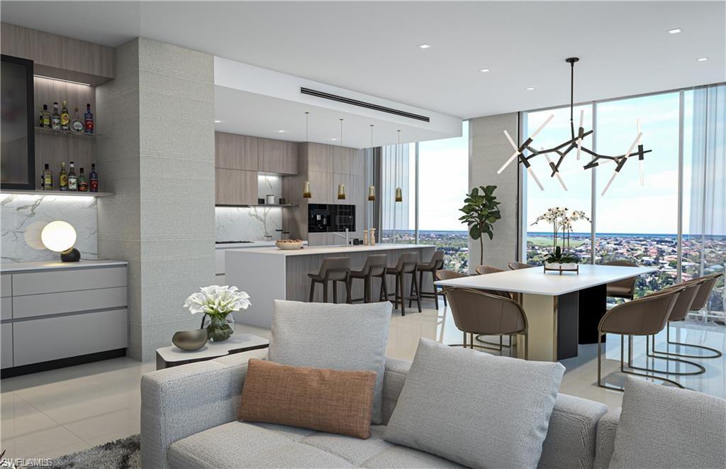 Living area with a wall of windows, a chandelier, and light tile patterned floors