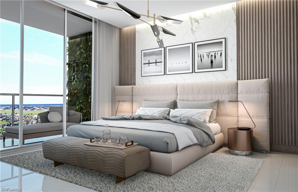 Tiled bedroom with access to outside and a wall of windows