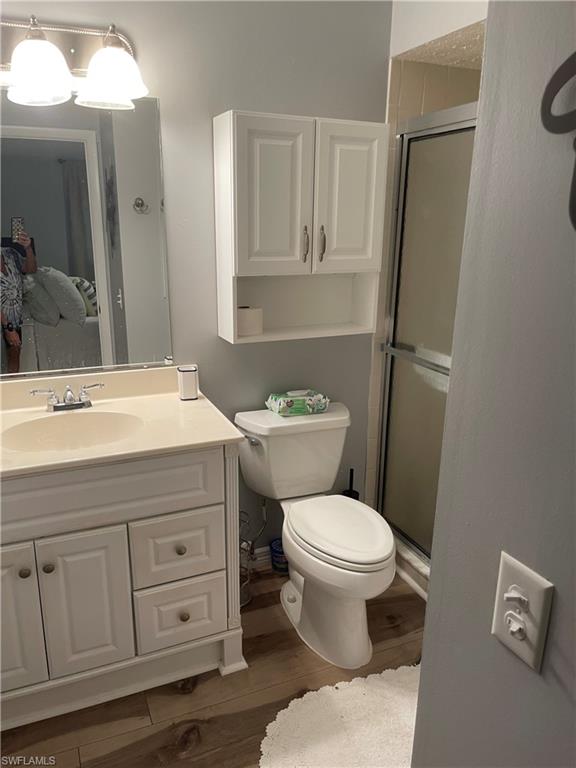 Ensuite bathroom featuring dark wood-type flooring, a stall shower, and vanity