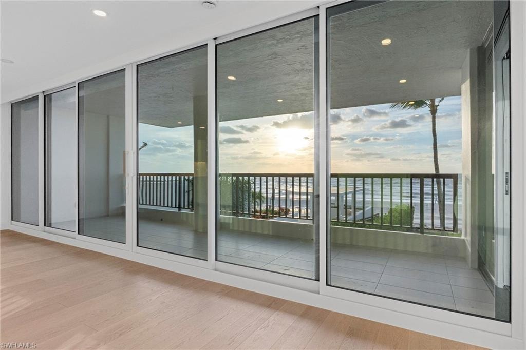 Entryway featuring wood finished floors, plenty of natural light, and a wall of windows