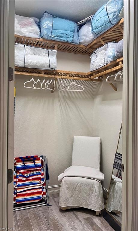 Guest room Walk in closet with hardwood / wood-style flooring