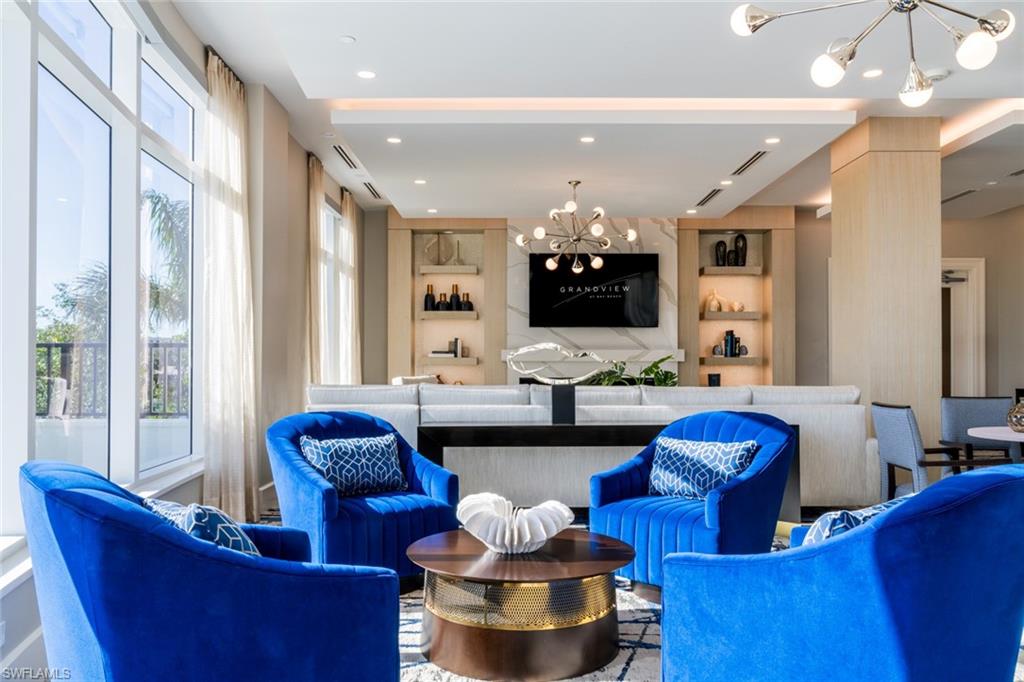 Located in the "EL" is the elegant social room seating area , designer furnishings and inviting ambiance for residents and guests.