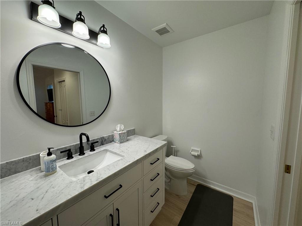Bathroom featuring toilet, vanity, and hardwood / wood-style flooring