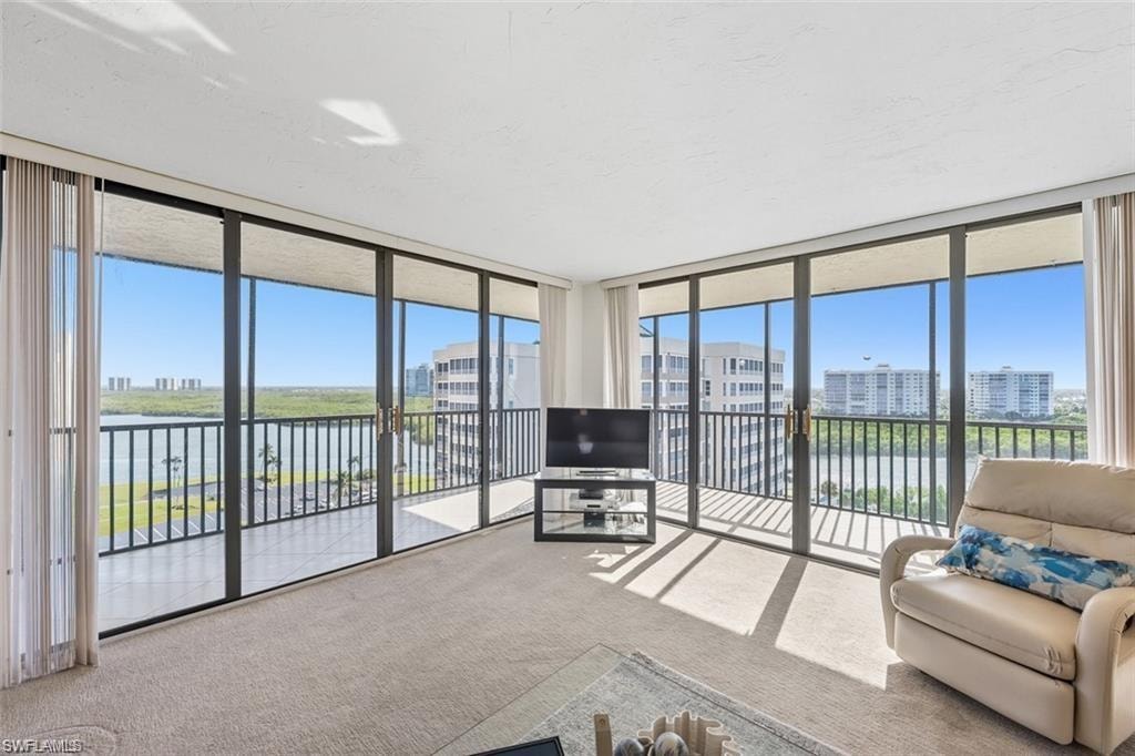 Carpeted living area featuring a wall of windows