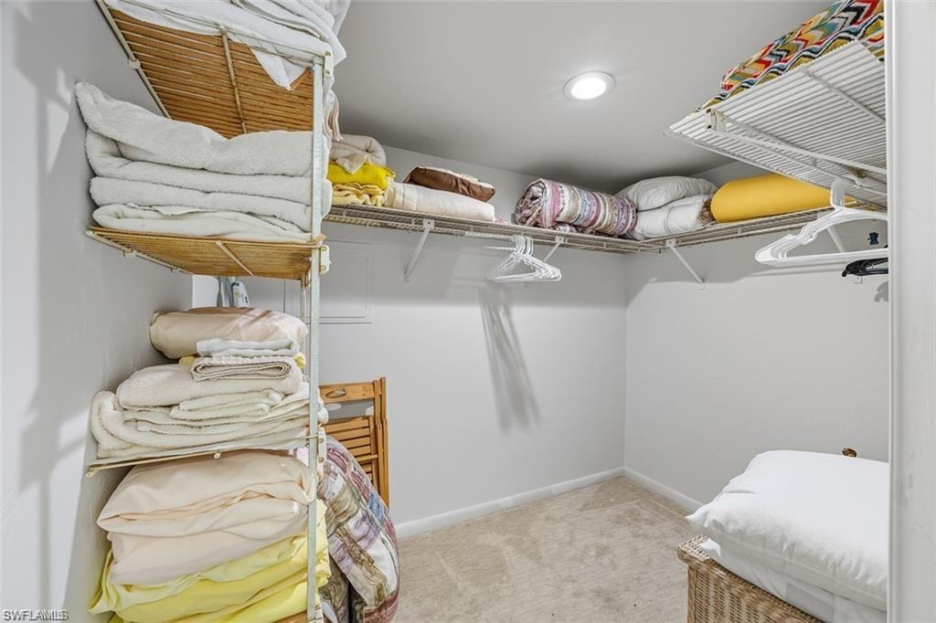 Walk in closet with light carpet