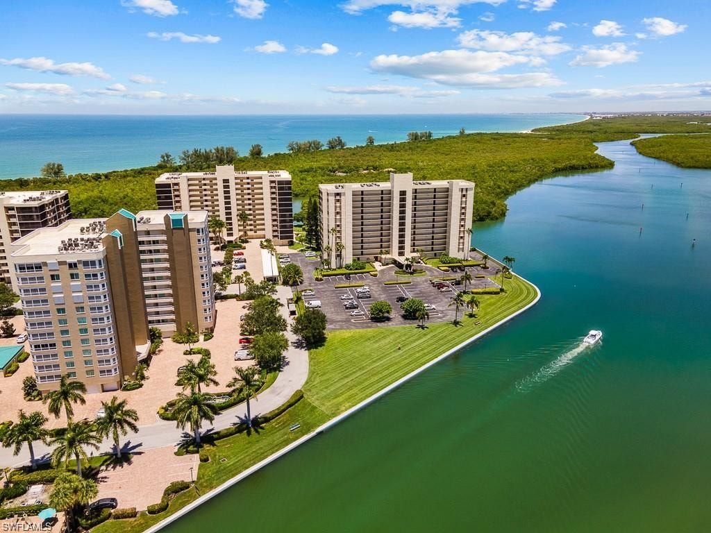 Aerial view of a nearby body of water