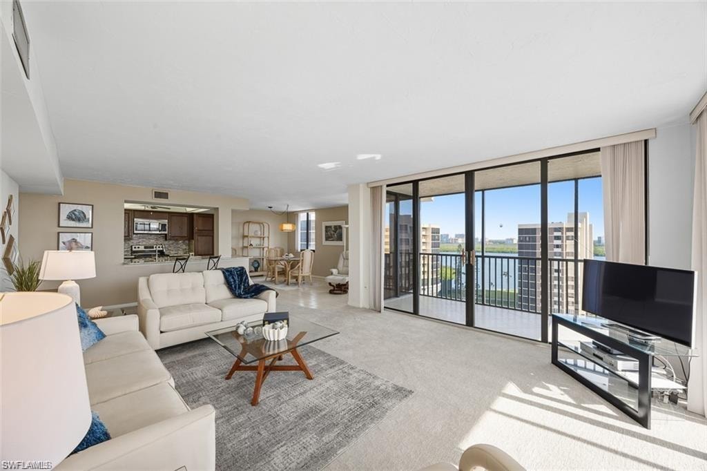 Living room featuring expansive windows, healthy amount of natural light, and carpet floors