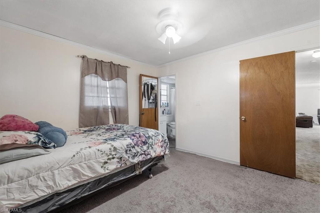 Bedroom with carpet flooring, crown molding, a ceiling fan, and ensuite bathroom