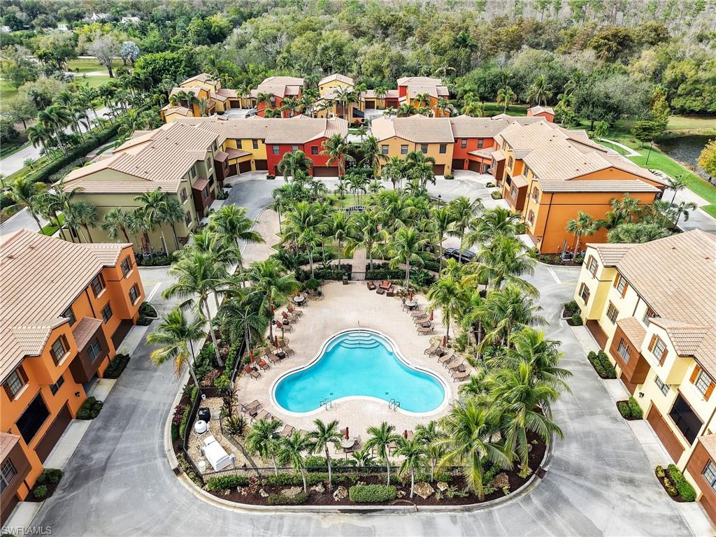 Aerial view of residential area with a pool