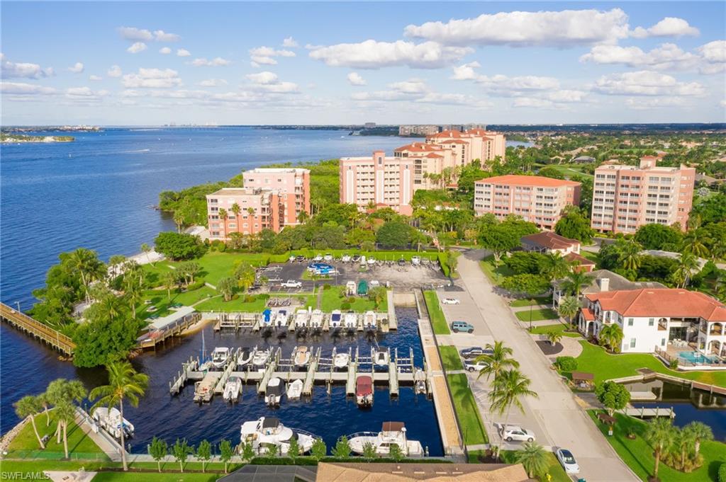 Aerial view of a large body of water and numerous boat docks