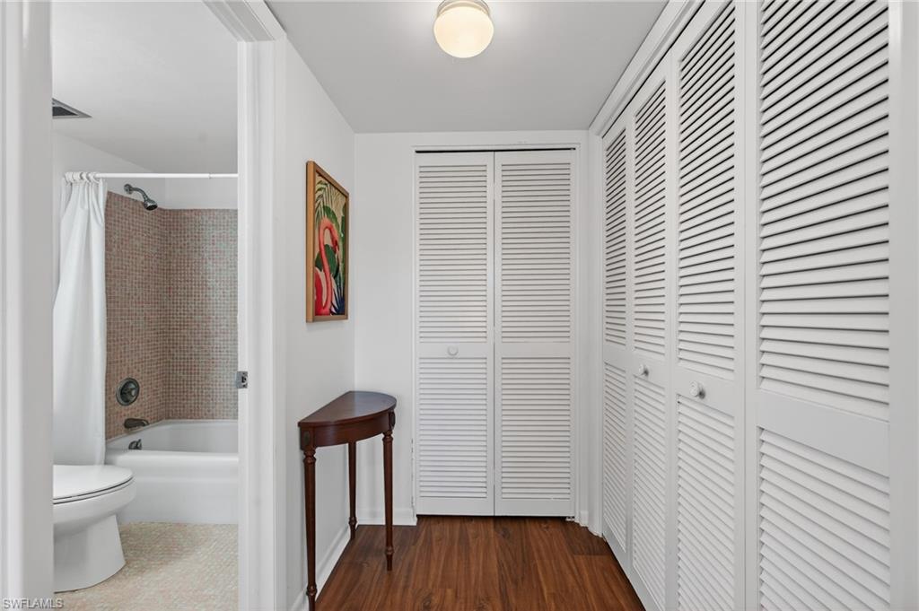 Hall with dark wood-style flooring