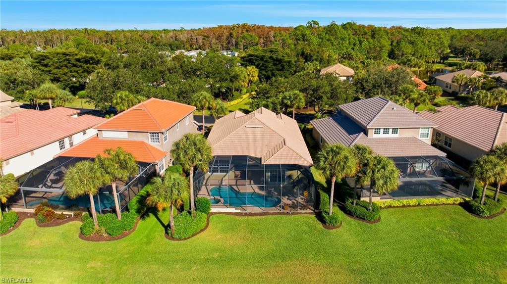 Aerial view of residential area with a pool area