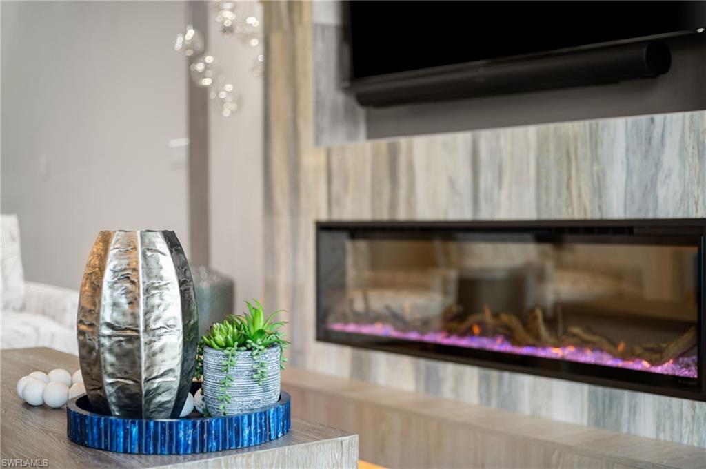 Detailed view of a glass covered fireplace