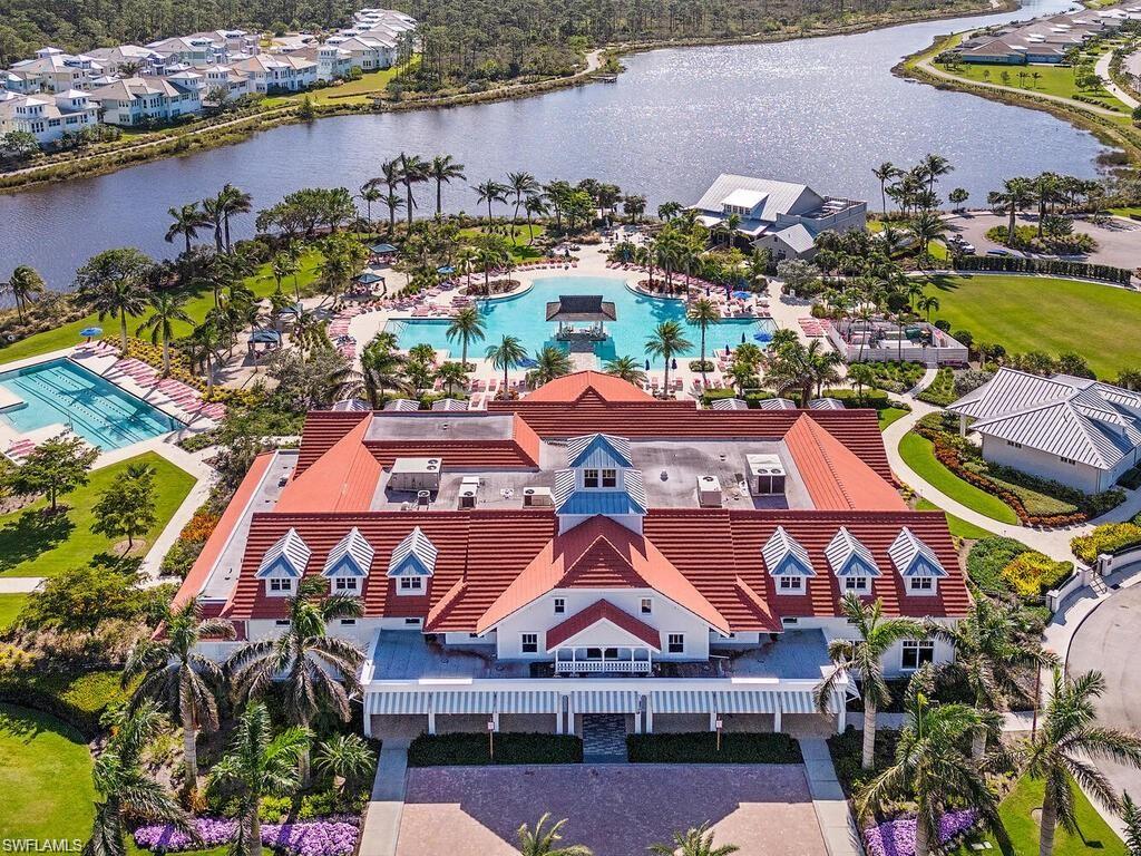 Aerial view of a large body of water and a pool