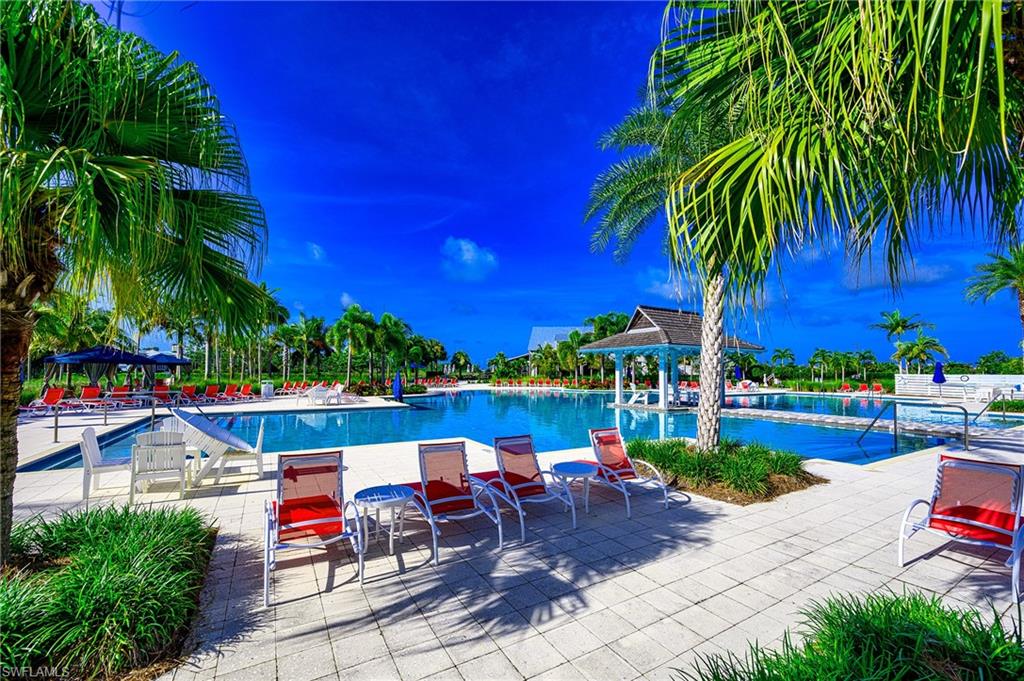 Community pool featuring a gazebo and a patio area